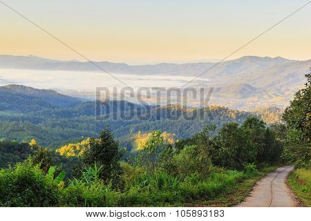 Misty Morning Sunrise In Mountain In Wiang Haeng ,chiang Mai , Thailand.