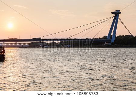 Snp Bridge Across Danube River In Early Morning