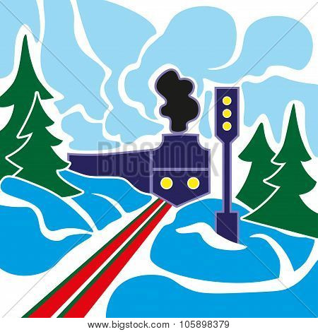 Old Train and Winter Landscape