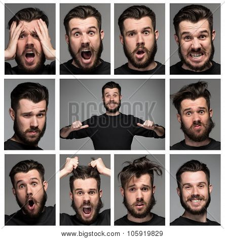 Set of young man's portraits with different emotions
