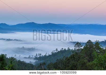 Layer Of Mountains In The Mist At Sunrise Time, Wiang Haeng, Chiang Mai Province, Thailand