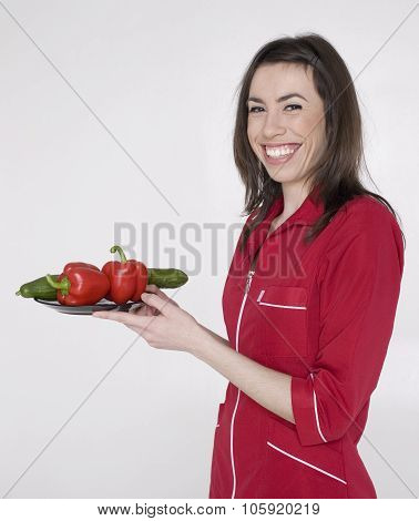 ugly woman doctor with vegetables on plate, orderly in hospital, reccomendation healthcare