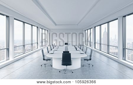 A Bright Modern Panoramic Meeting Room In A Modern Office With New York City View. The Concept Of Th
