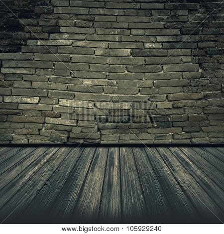 Old brick wall and wooden floor.