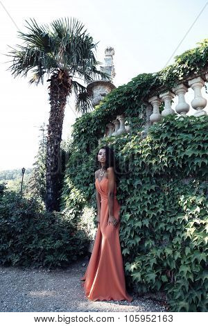 Gorgeous Woman With Dark Hair Wears Luxurious Dress And Bijou