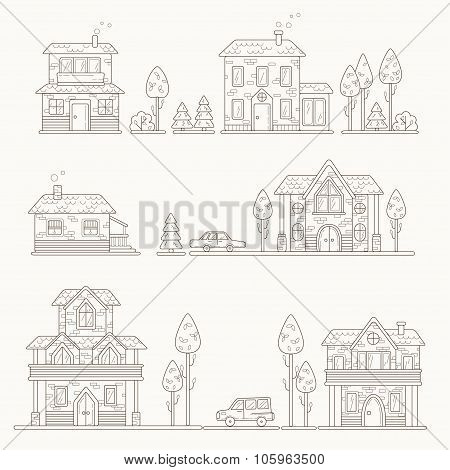 Set of icons houses, cars and trees