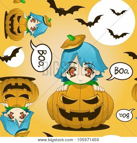 Cute Kid In A Pumpkin Seamless Pattern