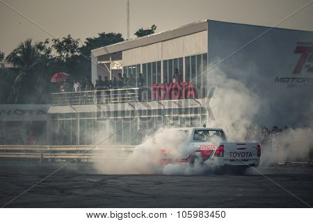 Pick-up Car Perform Burnout Tire On The Track