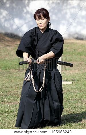 Japanese martial art with katana sword