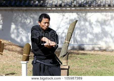 Japanese samurai with katana sword