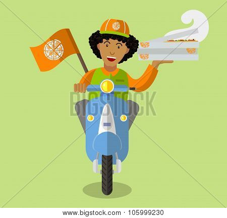 Food-deliveryboy On A Scooter With Boxes Of Pizza, Flat