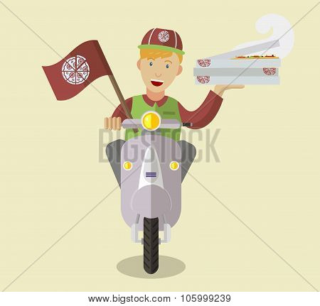 Flat Food-deliveryboy On A Scooter With Boxes Of Pizza