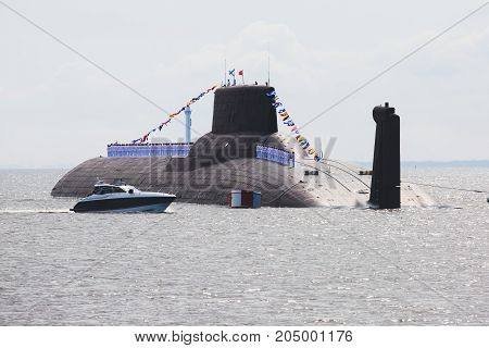 A Line Of Modern Russian Military Submarine Cruisers In The Row, Northern Fleet And Baltic Sea Fleet