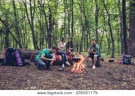 Low Angle Photo Of Fire Place, Four Serene Tourists Are Sitting Around, Girls Drink Tea, Guys Play G