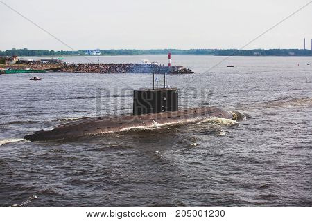 A Line Of Modern Russian Military Submarine Cruisers In The Row, Northern Fleet And Baltic Sea Fleet