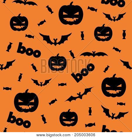 Seamless halloween pattern with pumpkins candy and bats on orange background. Vector illustration.
