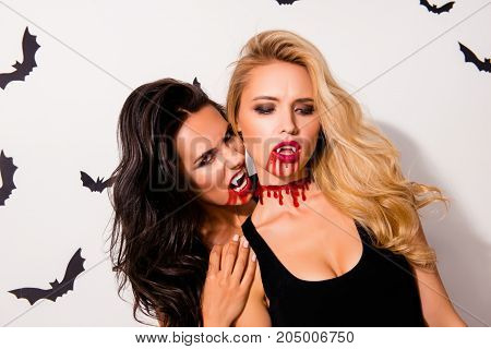 Terrifyng Nightmare. Close Up Of Thirsty Cruel Brunette Monster With Angry Expression And Bloody Mou