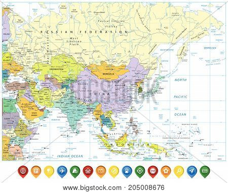 Colored Asia map and colorful map pointers with roads rivers lakes and elevations.