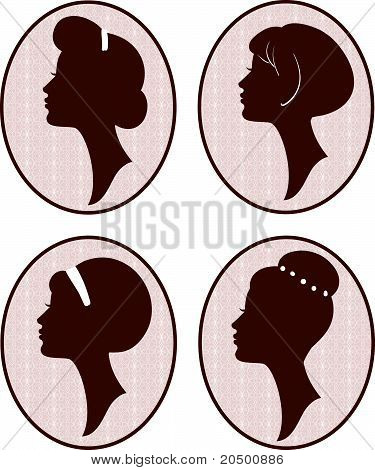 Vektorové krásné ženy a dívka siluety s jiným účesem, nastavte