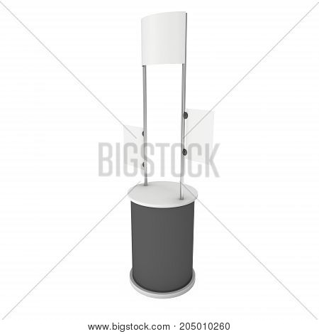 Stall or Kiosk Modern Promostand Reception Desk. Trade show booth white and blank. 3d render illustration isolated on white background. Template mockup for your expo design.