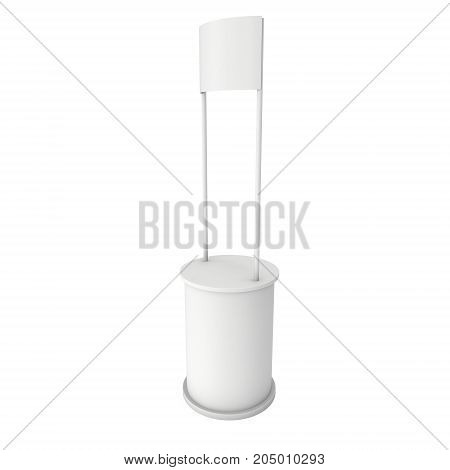 Stall or Kiosk Modern Promostand Reception Desk. Trade show booth white and blank. 3d render illustration isolated on white background. Template mockup for your expo design.