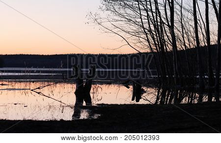 Flooded and destroyed pier on the lake with somesing tied up