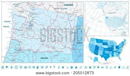 Washington state map navigation set in colors of blue with roads rivers lakes and highways.