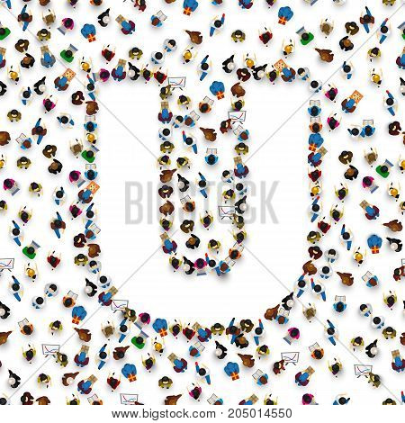 A group of people in the shape of English alphabet letter U on light background. Vector illustration.