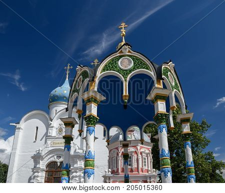 The roof over the Holy spring in the сentral square of the Trinity Lavra of St. Sergius. Sergiyev Posad, Golden ring, Russia