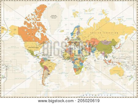 Political World Map Retro Color With Lakes And Rivers And Labeling