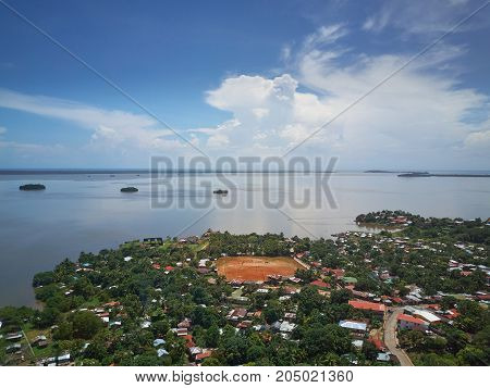 Bay in Bluefields town in Nicaragua aerial drone view