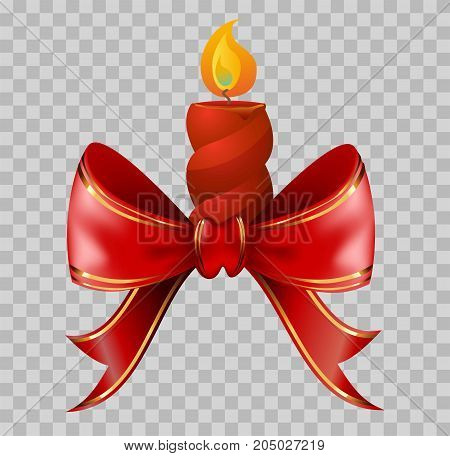 Lighted red Christmas candle tied with red ribbon with golden edge isolated cartoon flat vector illustration on transparent background. Bright symbolic holiday decoration that spreads light.