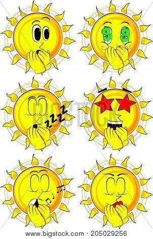 Cartoon sun with hands over mouth. Collection with various facial expressions. Vector set.