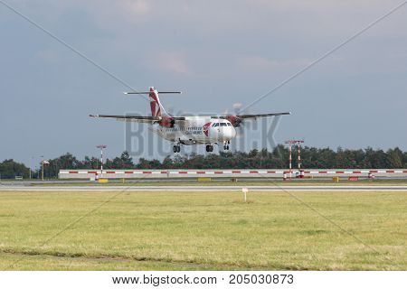 PRAGUE CZECH REPUBLIC - SEPTEMBER 20 2017: ATR-72 of Czech Airlines landing on PRG Airport in Prague. Czech Airlines CSA is the flag carrier of Czech Republic