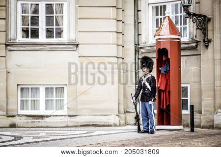 COPENHAGEN, DENMARK - JULY 20: Royal Life Guards at Amalienborg Palace, Copenhagen, Denmark