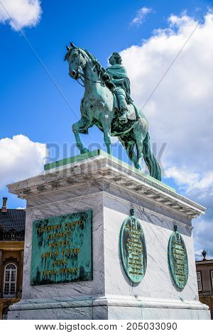 COPENHAGEN, DENMARK - JULY 20: Frederik V on Horseback Statue in Amalienborg Square