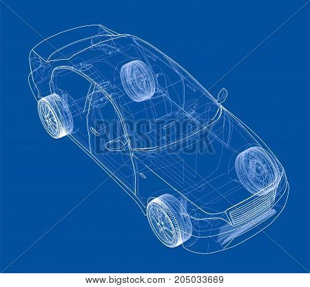 Concept car. Vector rendering of 3d. Wire-frame style. The layers of visible and invisible lines are separated