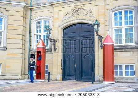 COPENHAGEN, DENMARK - JULY 20: Royal Life Guards at Amalienborg Palace, Copenhagen, Denmark