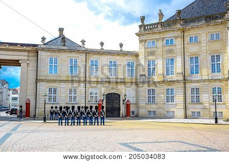 COPENHAGEN, DENMARK - JULY 20: Royal Life Guards at Amalienborg Palace, Copenhagen, Denmark