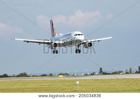 PRAGUE CZECH REPUBLIC - SEPTEMBER 20 2017: Airbus A320 Germanwings Lufthansa Group landing in Prague Airport.