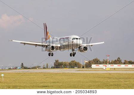 PRAGUE CZECH REPUBLIC - SEPTEMBER 20 2017: Airbus A320 Germanwings Lufthansa Group landing in Prague Airport.