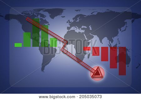 Economy graph lowering illustration with a red arrow lower Infographic elements with map world backdrop can be used for workflow layout for modern business. Economy graph concept.