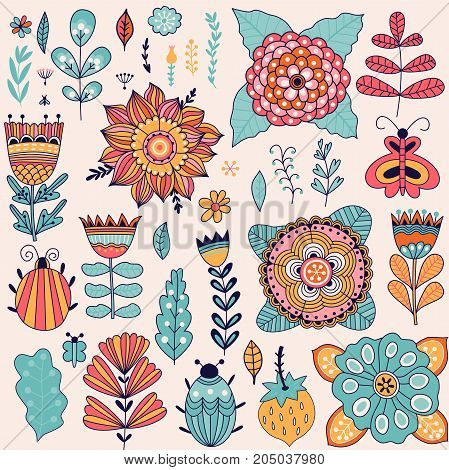 Set of vector flowers. Vector floral set. Graphic collection with leaves, herbs, bugs, butterflies and flowers, drawing elements. Spring theme design for invitation, wedding or greeting cards