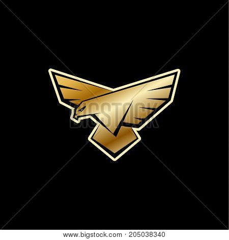 Golden Falcon logo. A bird with large wings is landing. Flat vector logo template with a bird of prey, falcon or eagle.