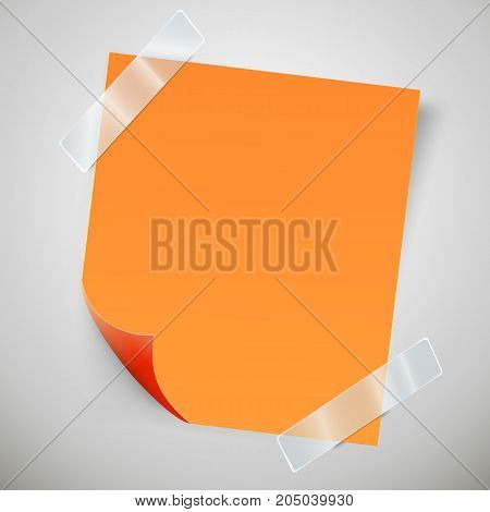 orange sticky note with the curled corner and adhesive tape. Vector illustration