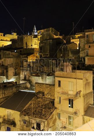 Night Ragusa Town Roofs View, Sicily, Italy
