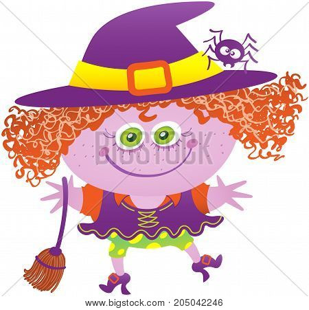 Little girl in mischievous mood, with green eyes and messy red hair while wearing a witch costume. The witch costume has big purple hat, a spider on it, a broom, shoes and funny dress and panties