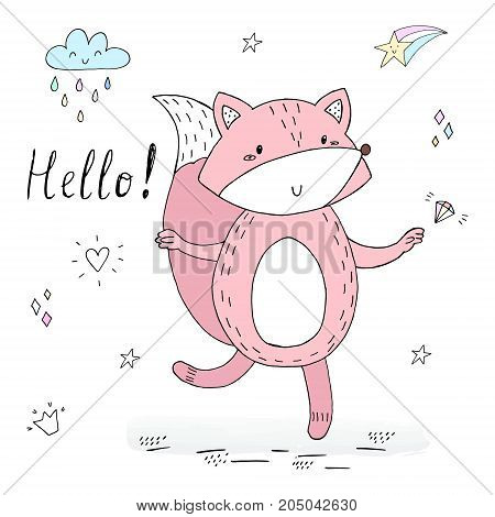vector card with cute hand drawn Fox. vector print.