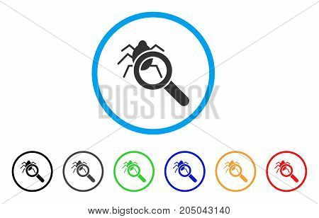Debugger Explorer rounded icon. Style is a flat debugger explorer gray symbol inside light blue circle with black, gray, green, blue, red, orange versions.