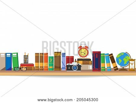 Book shelf. Bookstore indoor. Bookshelves with different books set. Home library interior. Reading and learning knowledge and education.isolated on white background. Vector illustration.